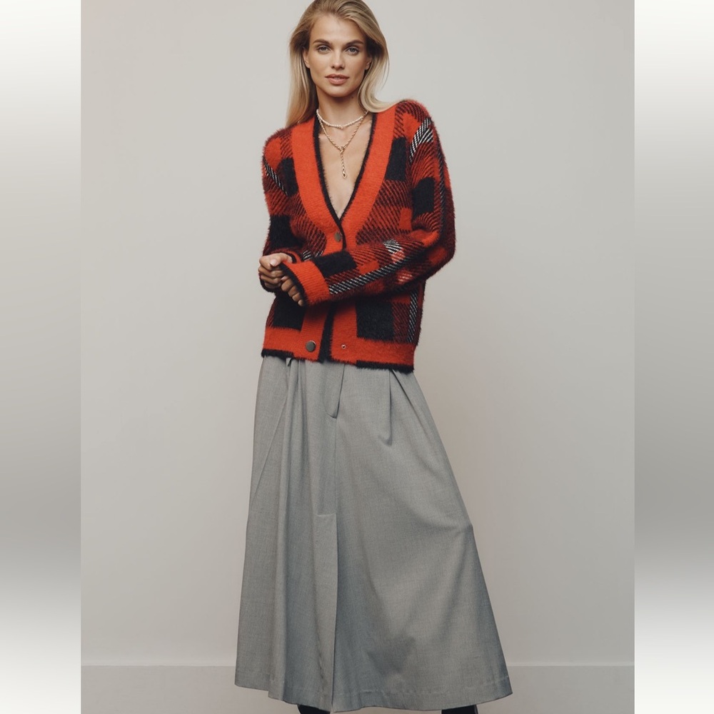 Boutique x Royal & Reese Cardigan Sweater Buffalo Check Plaid Red& Black Medium - Picture 6 of 10